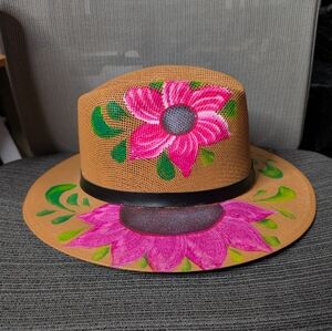 Hand-Painted Floral Straw Panama Hat | Pink & Blue Flowers | Boho Festival Sun H